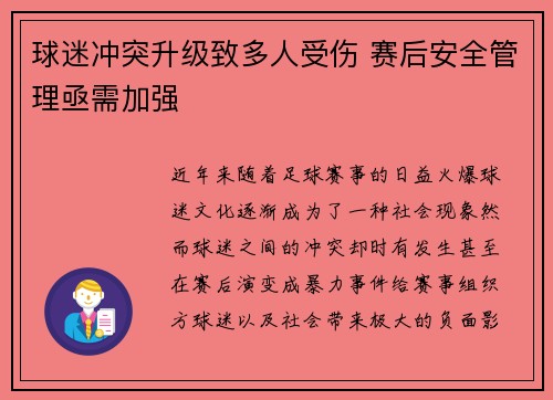 球迷冲突升级致多人受伤 赛后安全管理亟需加强